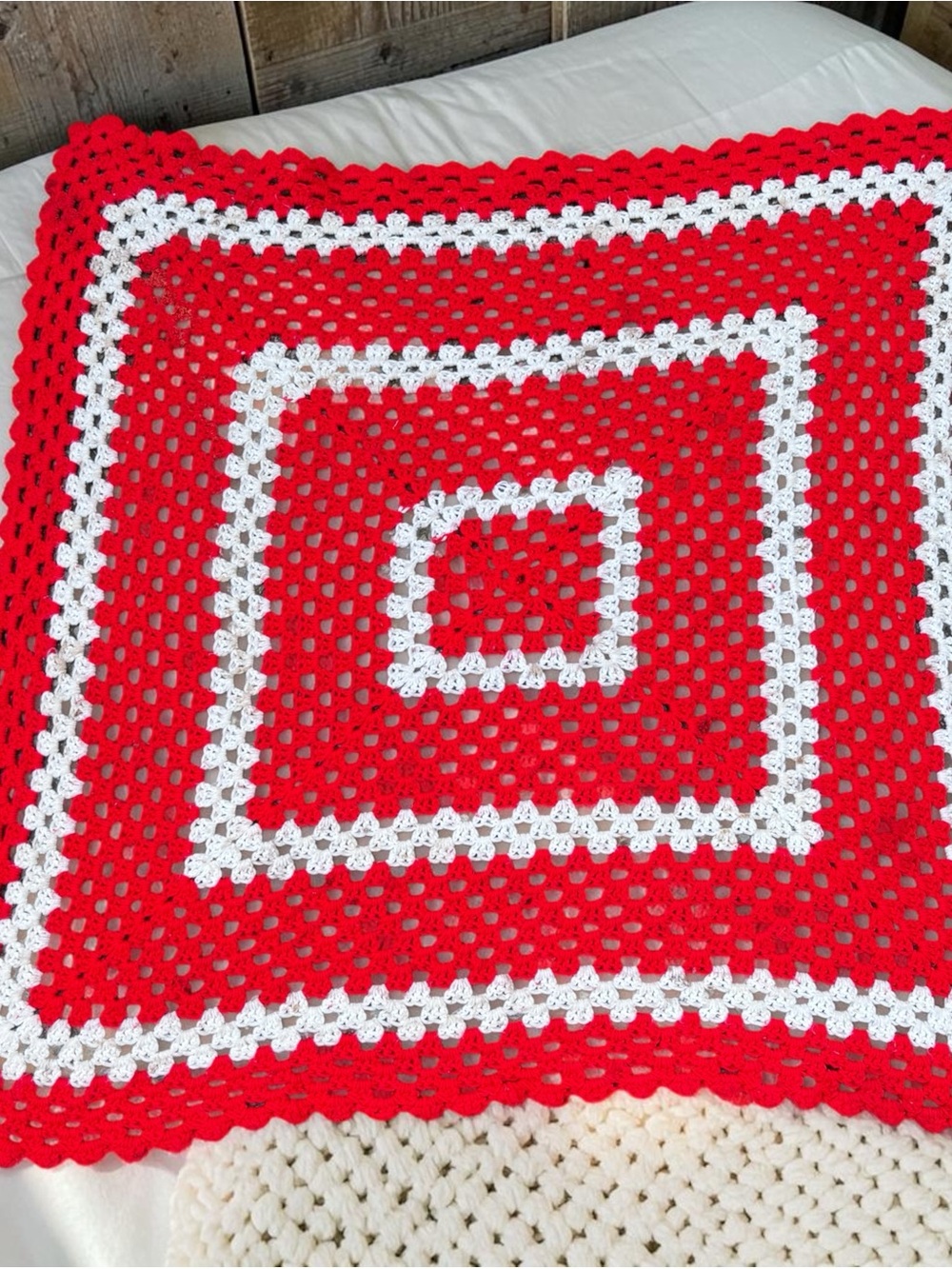 Vintage Handmade Crochet Granny Square Baby Blanket | Red & White Nursery Throw